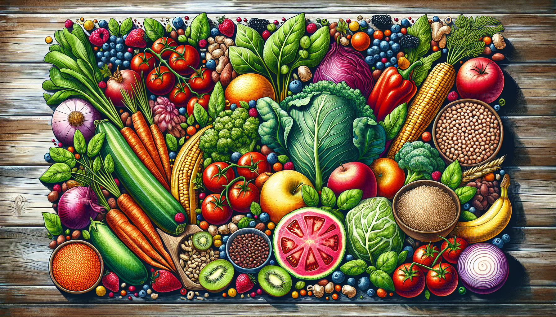 An illustration of a variety of plant-based foods arranged beautifully on a table.