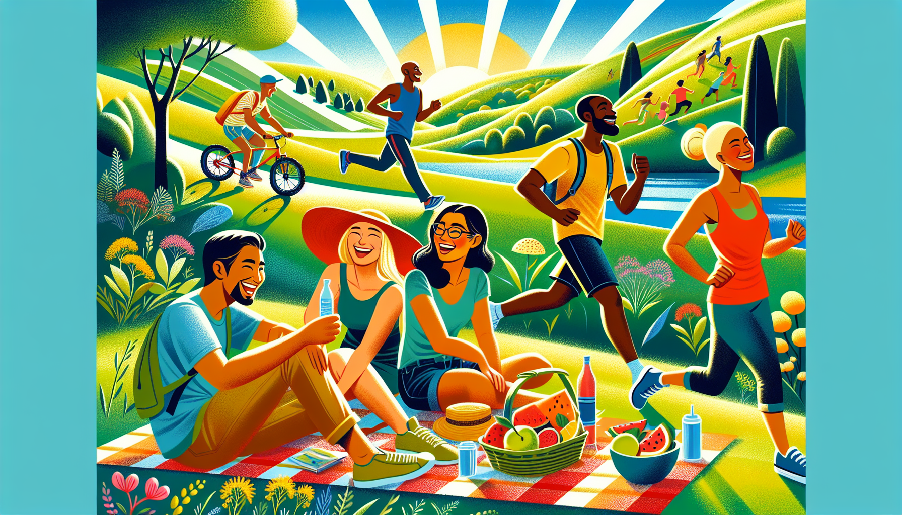 An illustration of people enjoying outdoor activities, promoting healthy habits.