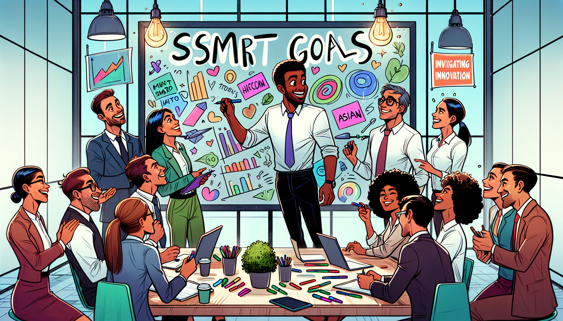 A cartoon showing employees setting SMART goals at work.