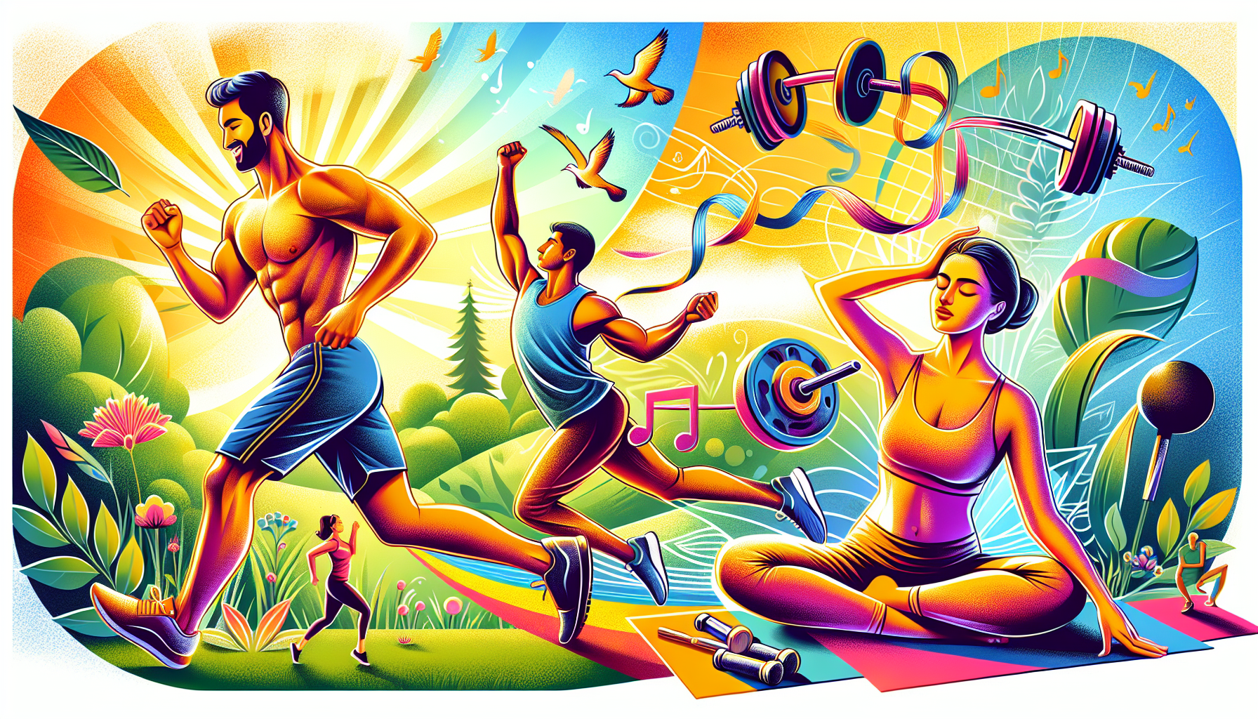 An illustration showing a person engaging in various forms of exercise to promote a healthier lifestyle.