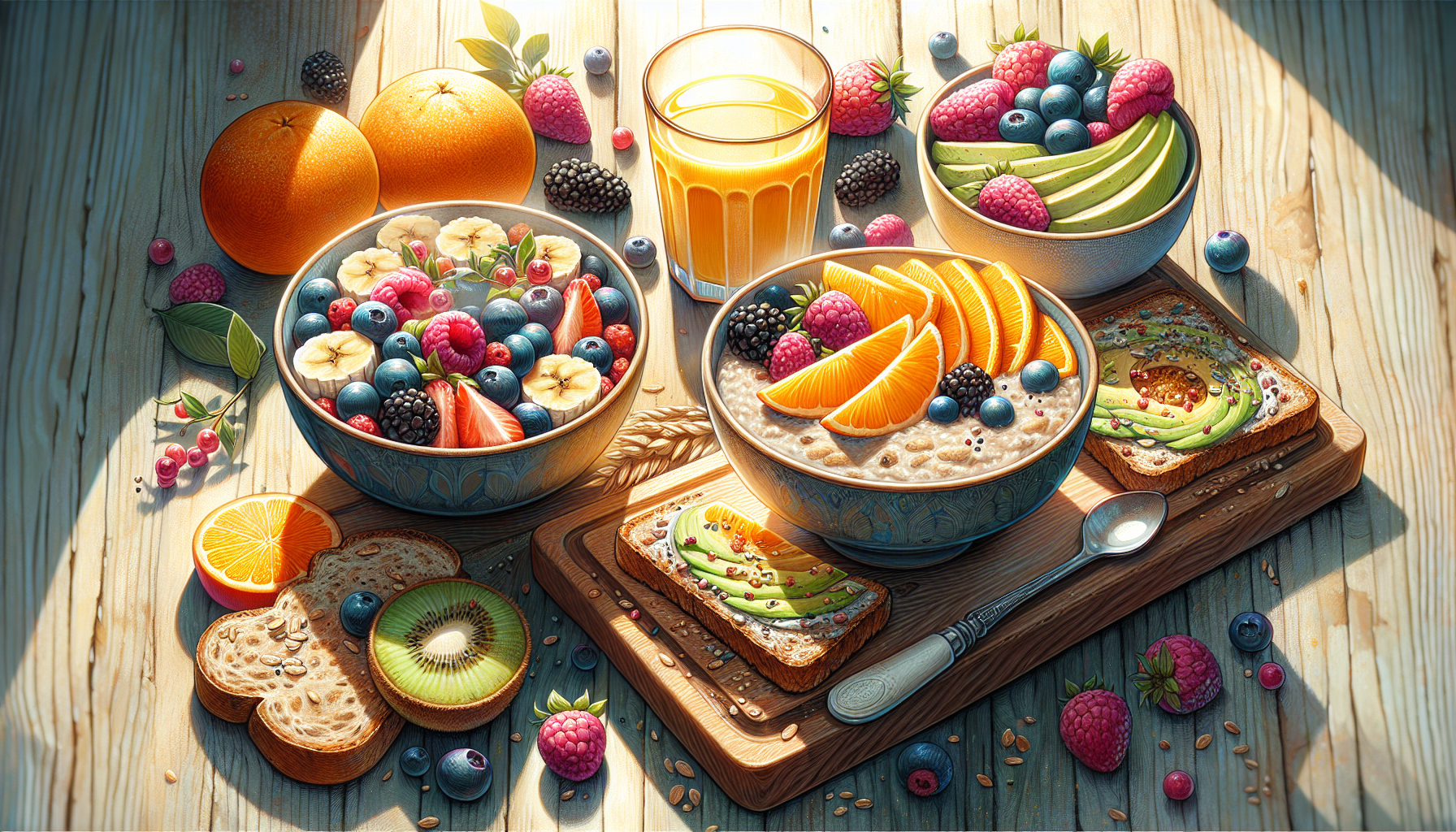 A colorful illustration of a balanced breakfast with healthy foods.